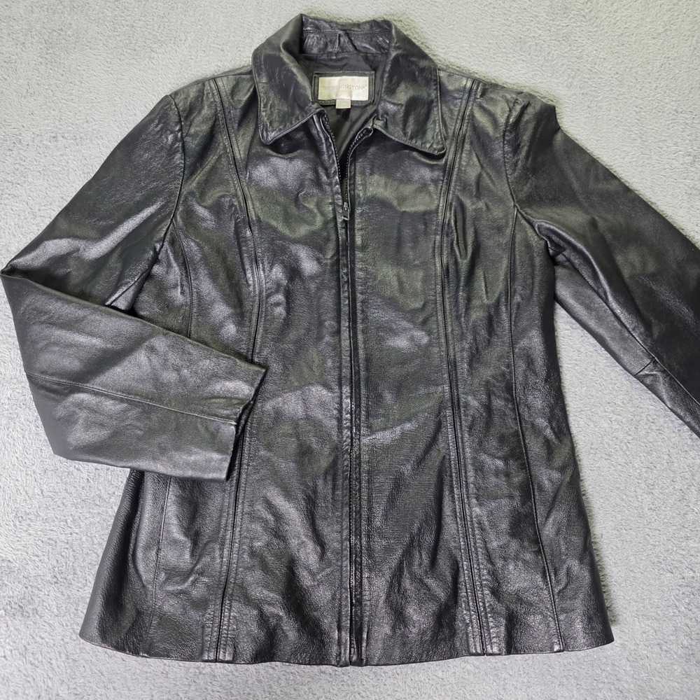 Worthington Womens Large Leather Jacket Black Full Zip Collared Moto 5834